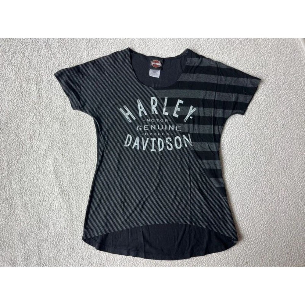 Harley Davidson Black & Grey Striped Short Sleeve T Shirt Womens Medium